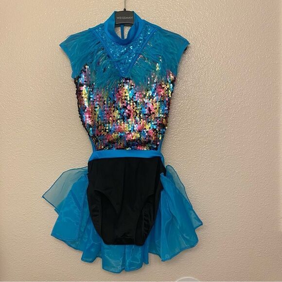 WEISSMAN Dance costume feather teal sequins sassy A Deeper Love 14471 LC child - Picture 2 of 12